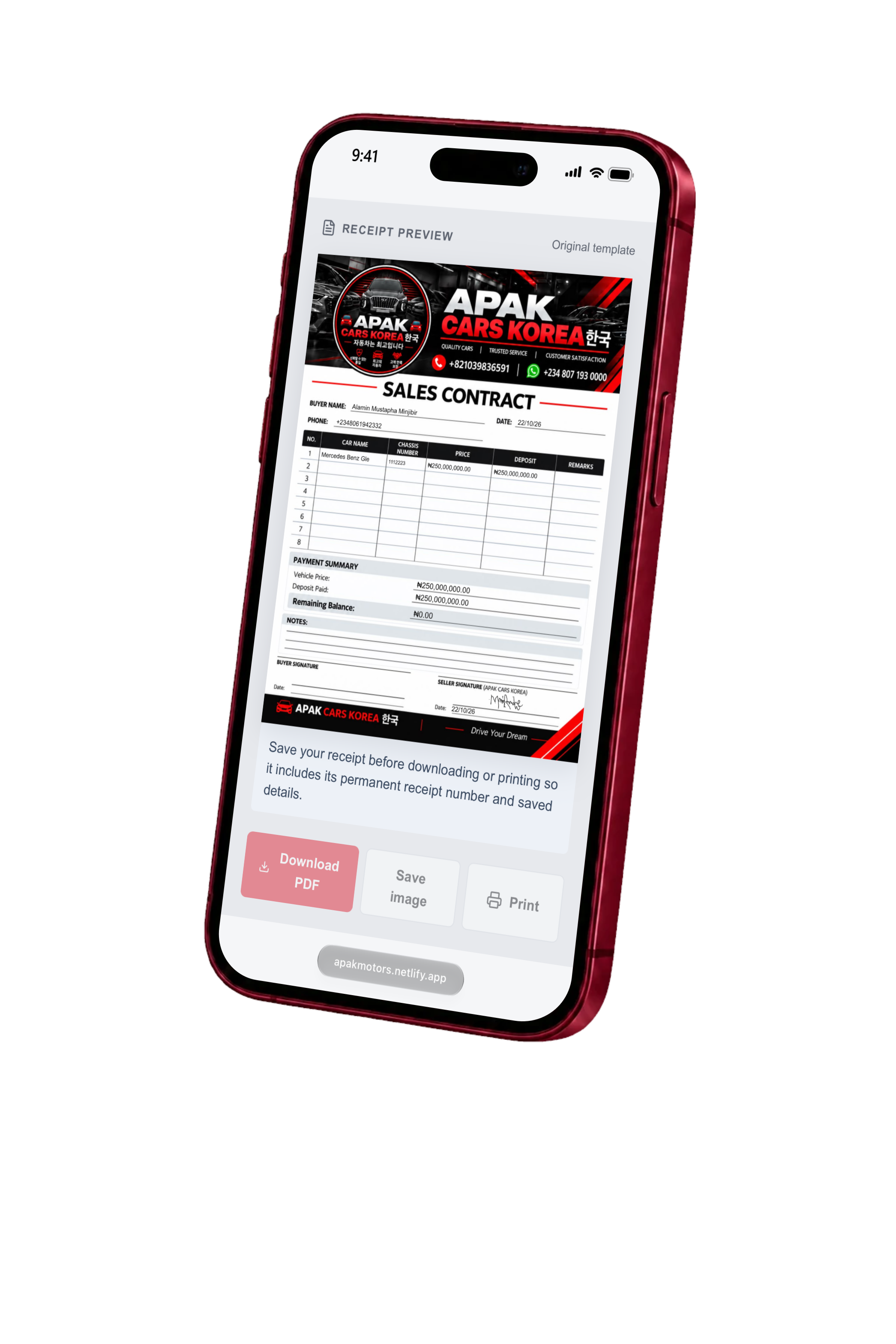 APAK Motors receipt iPhone mockup